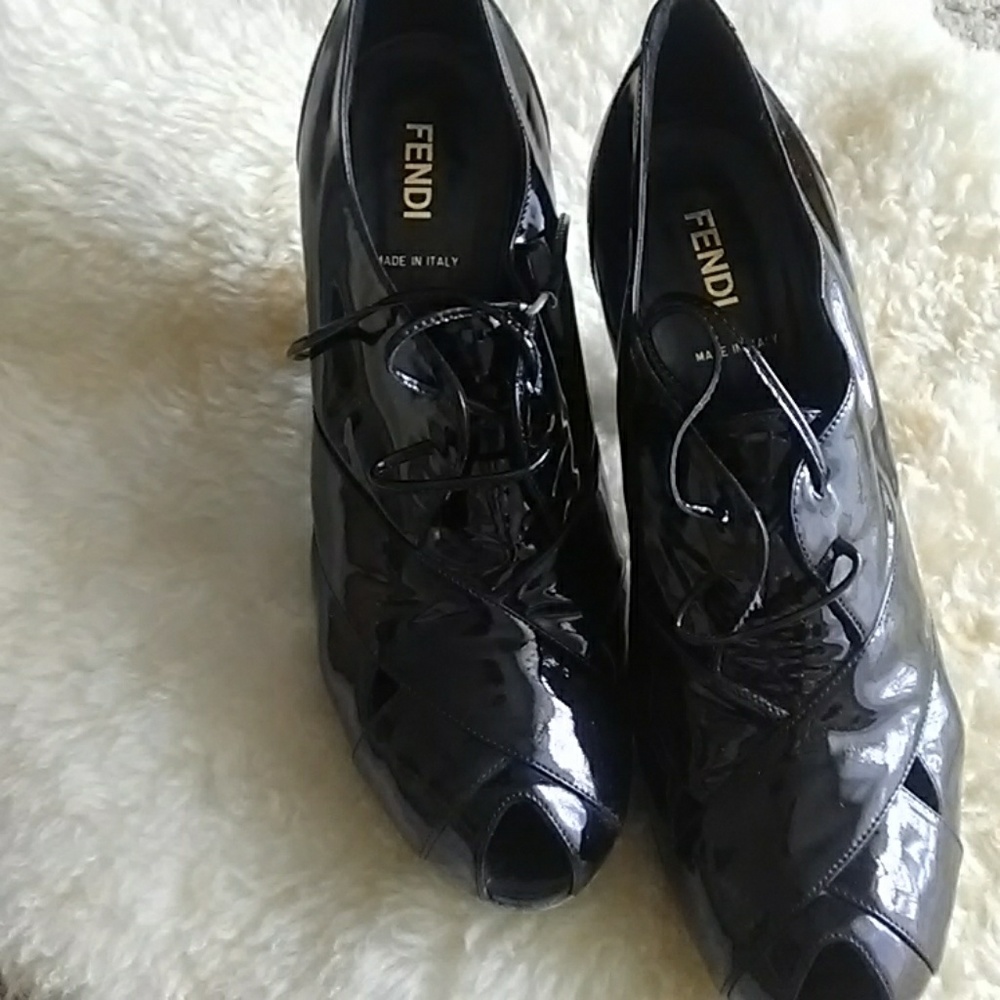 Fendi black patent leather lace-up booties